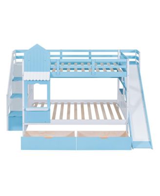  Full-Over-Full Castle Style Bunk Bed with 2 Drawers 3 Shelves and Slide