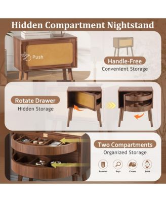 Rotating Hidden Compartment Nightstands, Mid Century Rattan Bedside Table with Flip Drawer and Wood Legs for Living Room, Bedroom