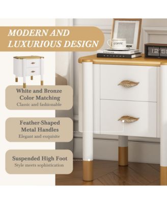 2 Drawers Nightstand with Curved Profile Design, Bedside Table with Metal Feather-Shaped Handles, End Table for Living Room and Bedroom
