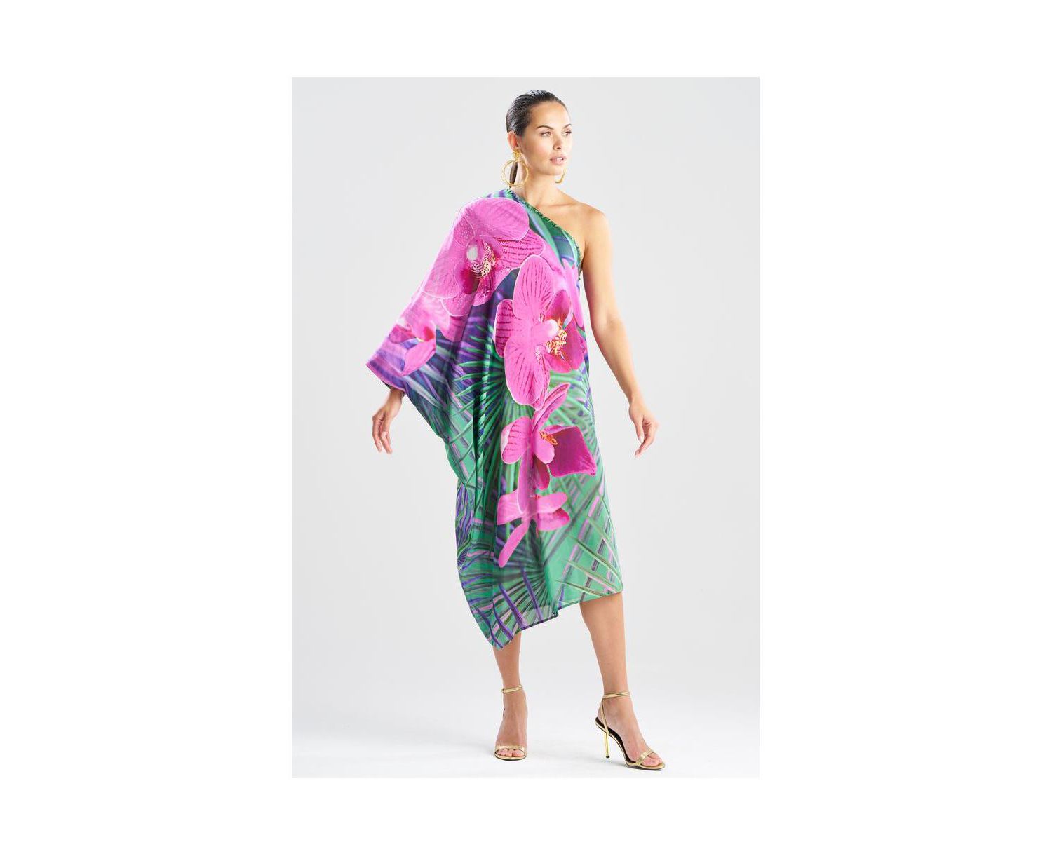 Women's Orchid - Silk Cotton Voile One Shoulder Caftan w/ Beading
