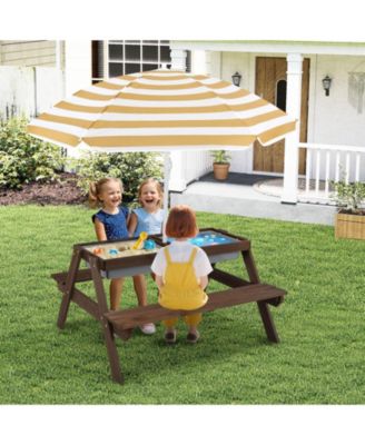 3-in-1 Kids Picnic Table Wooden Outdoor Sand & Water Table with Umbrella Play Boxes