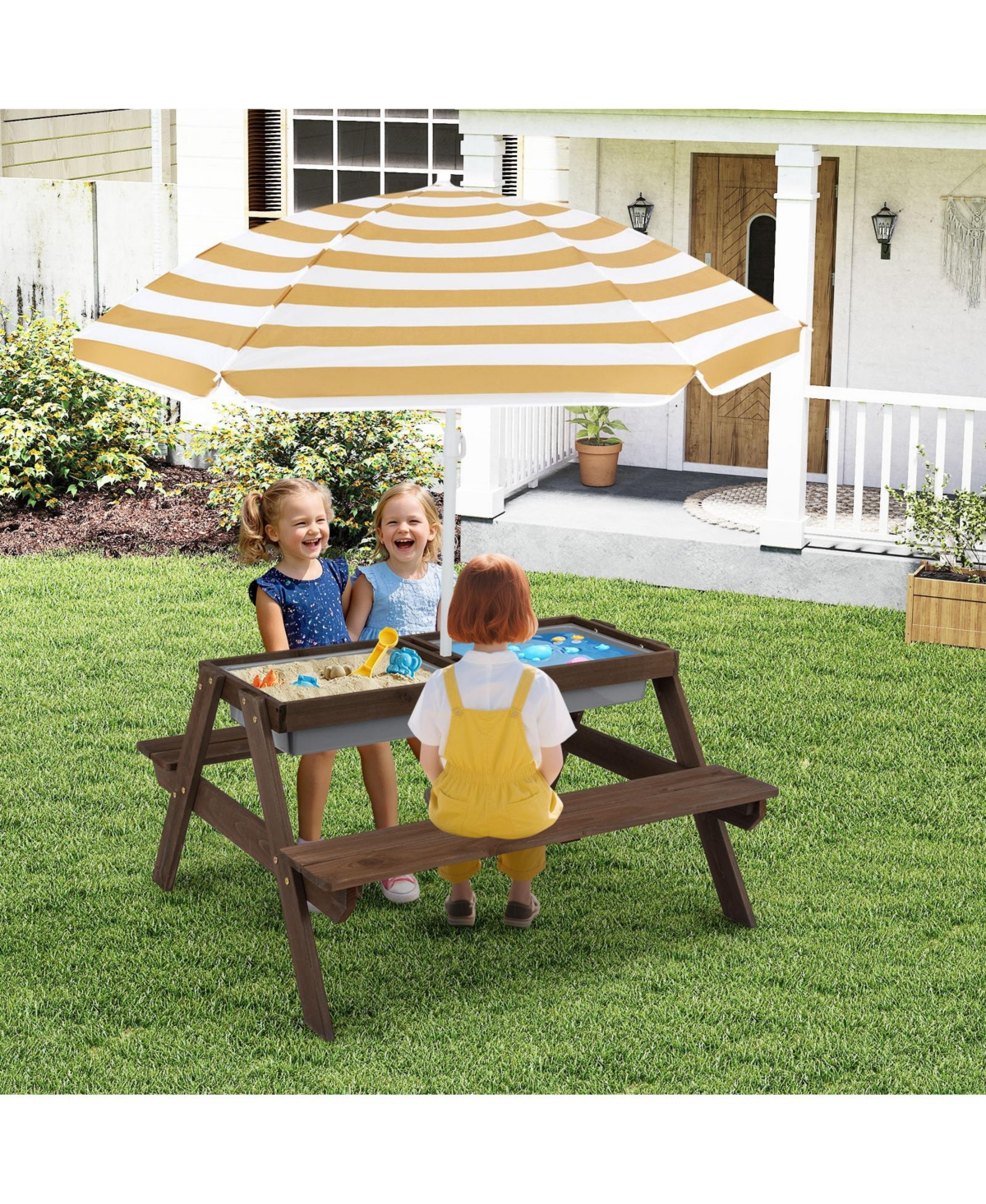 Costway 3-in-1 Kids Picnic Table Outdoor Water Sand Table w/ Umbrella Play Boxes
