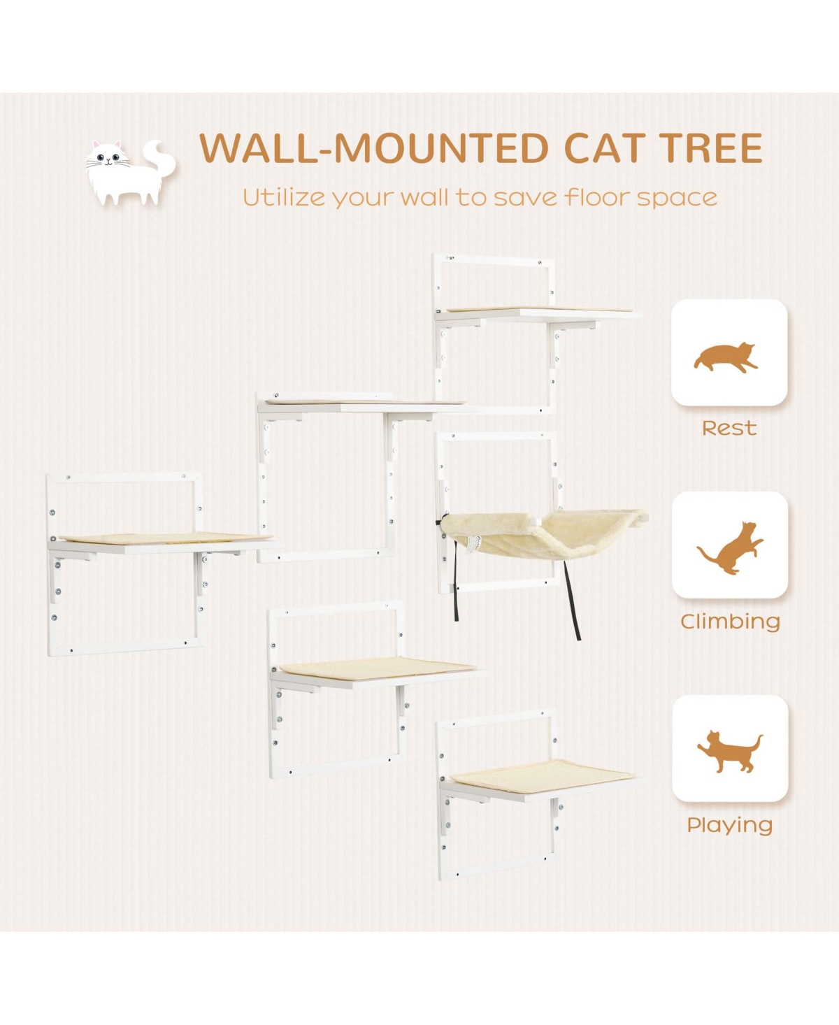 Zeus & Ruta 6-Piece Cream Modern Cat Wall Shelves with Hammock