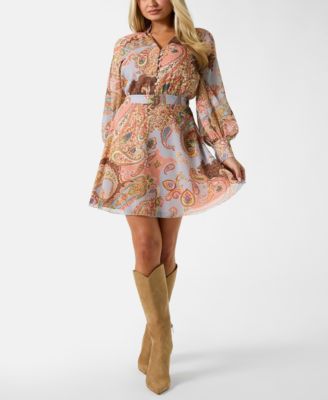 Women's Long-Sleeve Paisley V-Neck Short Dress
