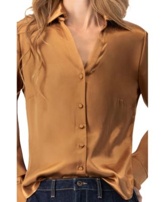 Women's Solid Long Sleeve Satin Shirt