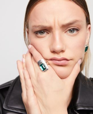 Sterling Silver-Plated Metal Alloy Ring with Green Faceted Crystal
