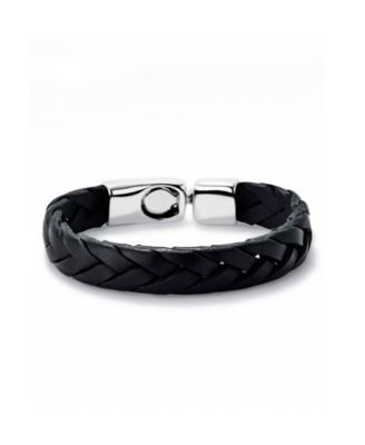 Black Braided Leather Bracelet with Sterling Silver Plated Metal Alloy Clasp
