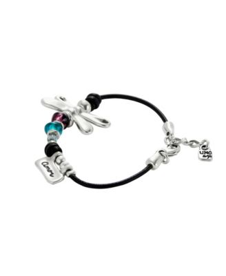 Leather Bracelet featuring a Dragonfly Plated in Sterling Silver and Multicolored Crystals