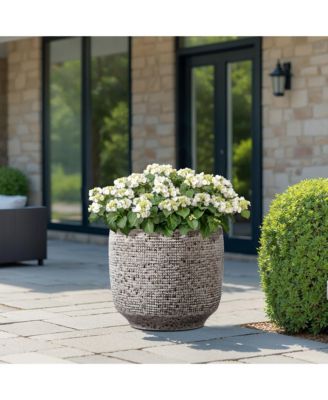 Stone Speckle Textured Ceramic Planter, 15.75" Gray Grid-Pattern Pot for Indoor/Outdoor Decor