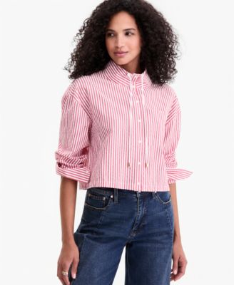 Women's Cropped Drawstring Button-Front Shirt