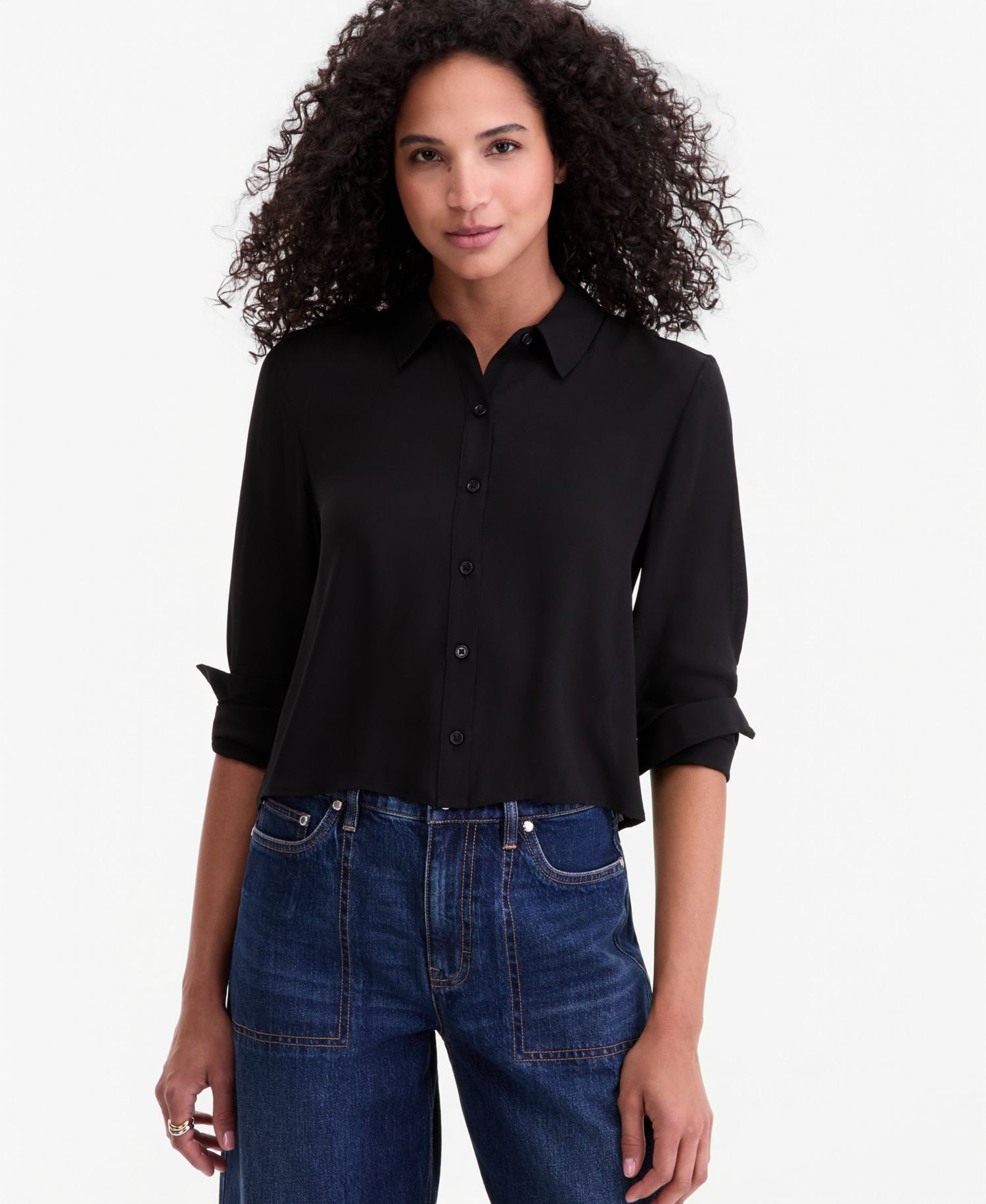 Women's Cropped Button-Down Crepe Shirt