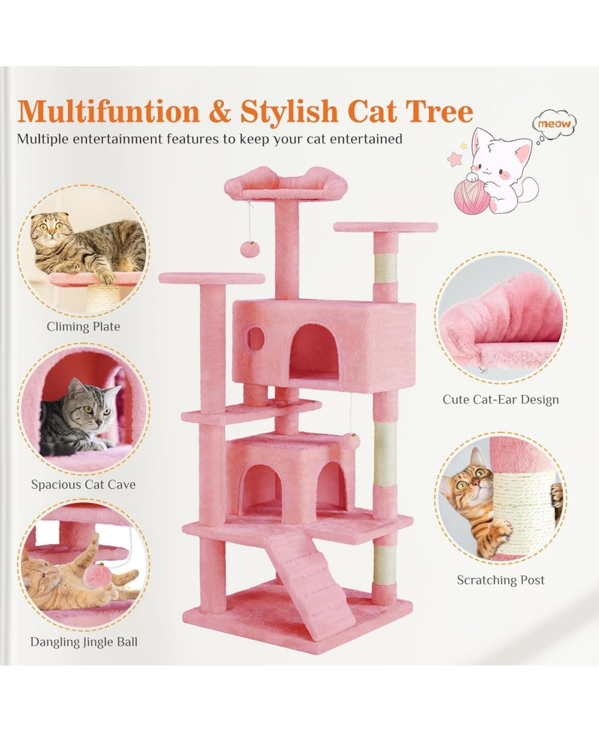 Zeus & Ruta 54" Pink Cat Tree Tower: Multi-Level, Sisal Post, Ladder, Plush Toys, Rest & Play