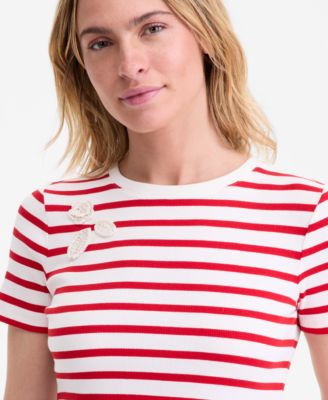 Women's Crochet-Trim Striped T-Shirt