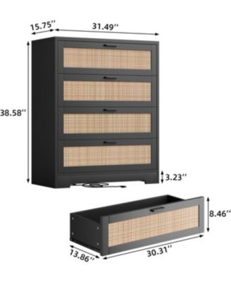 4 Drawer Dresser for Bedroom, Rattan Chest of Dressers, Modern Wood Tall Dresser with Power Outlets, Drawer Organizer Unit