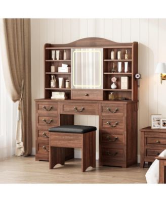 47 Inch Wide 8 Shelves Makeup Vanity Desk and Chair comes Mirror and Lights for Bedrooms, Apartments, Easy to Assemble