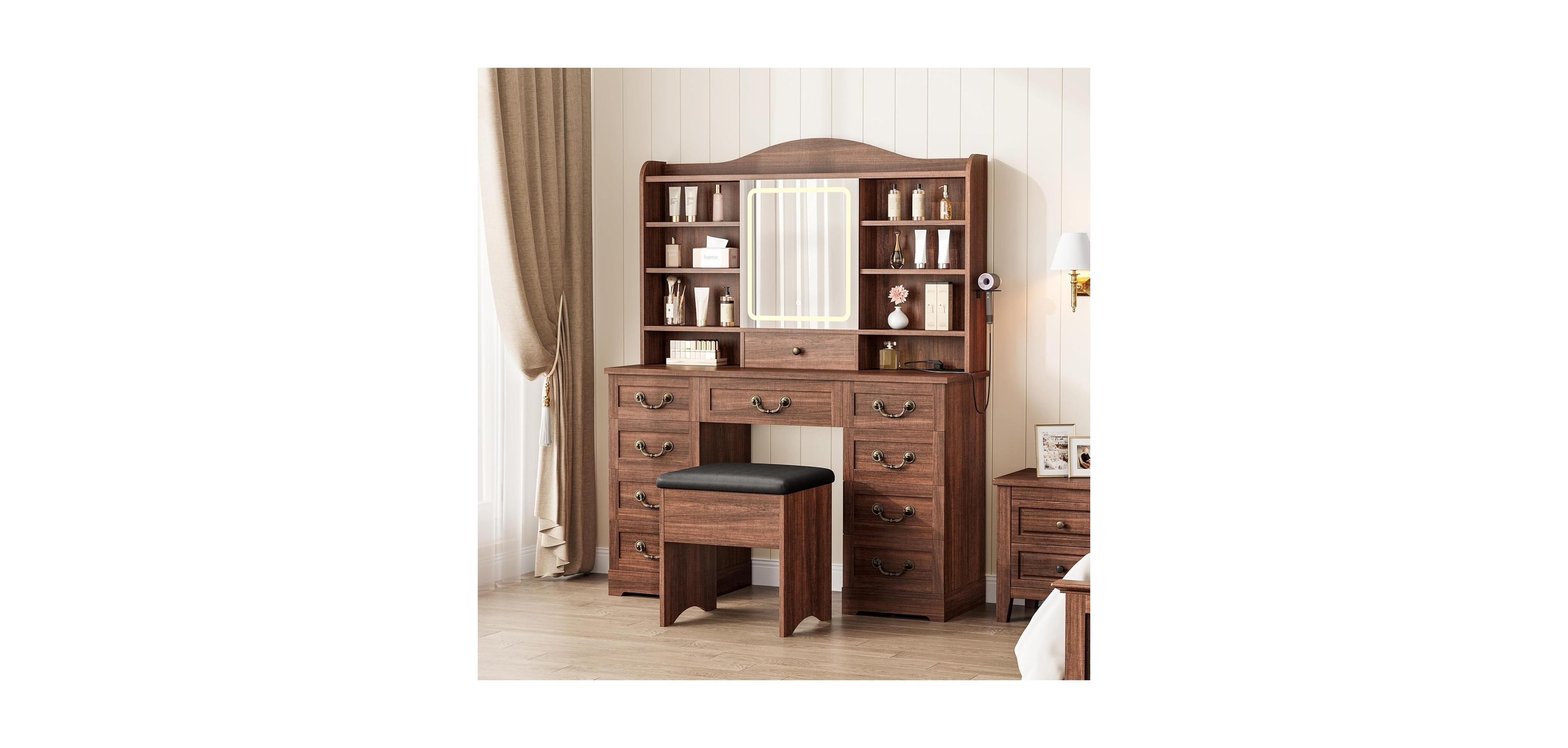 Gaomon 47 Inch Wide 8 Shelves Makeup Vanity Desk and Chair comes Mirror and Lights for Bedrooms, Apartments