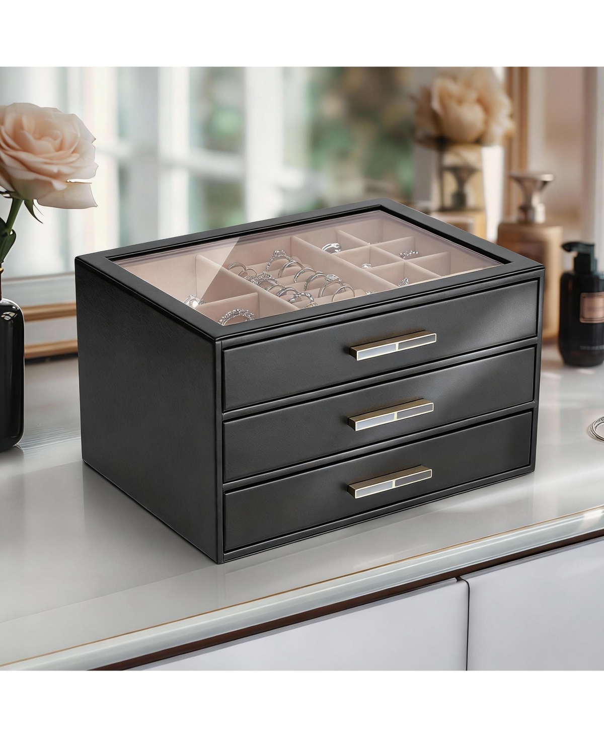 Yigii 3 Layer Leather Jewelry Box with Clear Lid and Gold Hardware