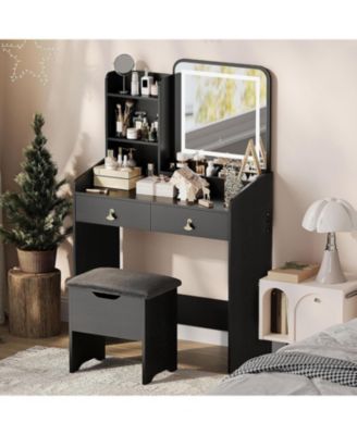 Vanity Desk LED Light Mirror and Charging Station Small Makeup Vanities Set for Bedrooms, Apartments, Easy to Assemble