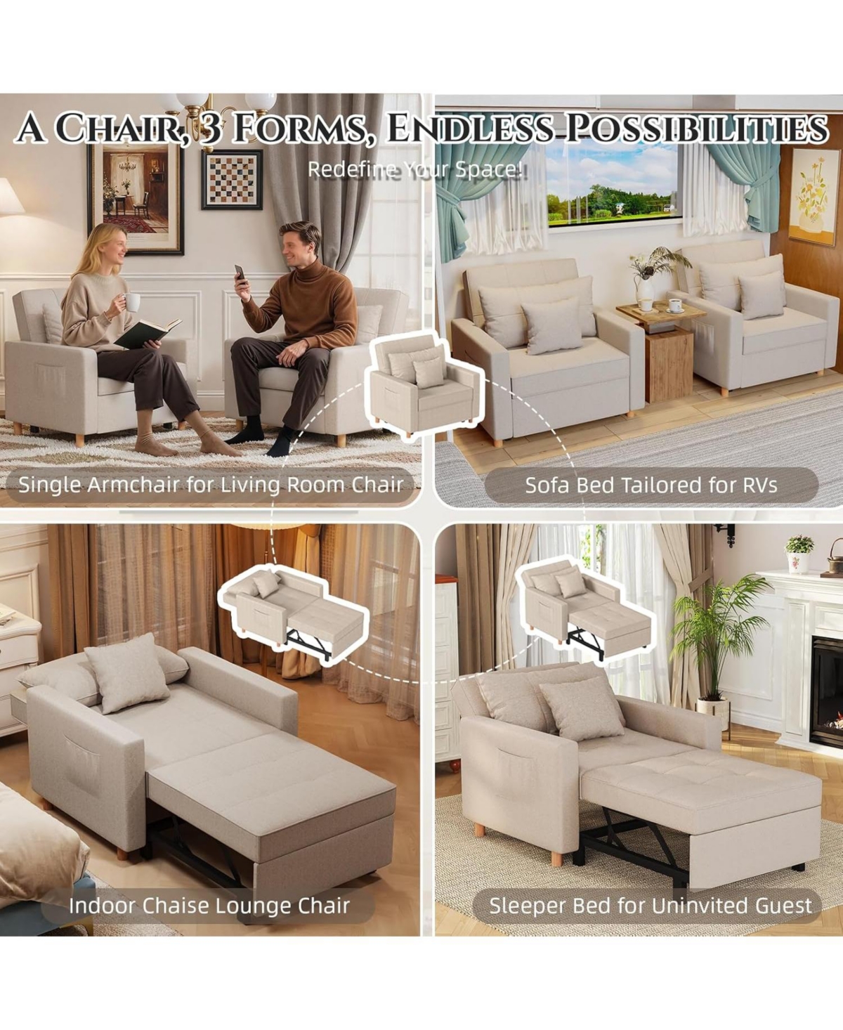 Aecojoy 36" Sleeper Chair, Convertible Chair Bed for Adults, 3-in-1 Pull Out Sofa