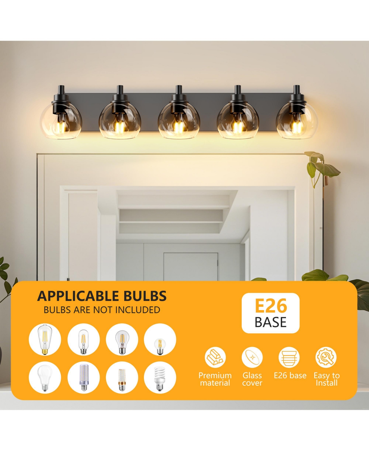Busdays Bathroom Light Fixtures Over Mirror 5-Lights Vanity Light with Clear Globe Glass Shade Black Wall Sconce Vanity Lighting (Bulbs Not Included