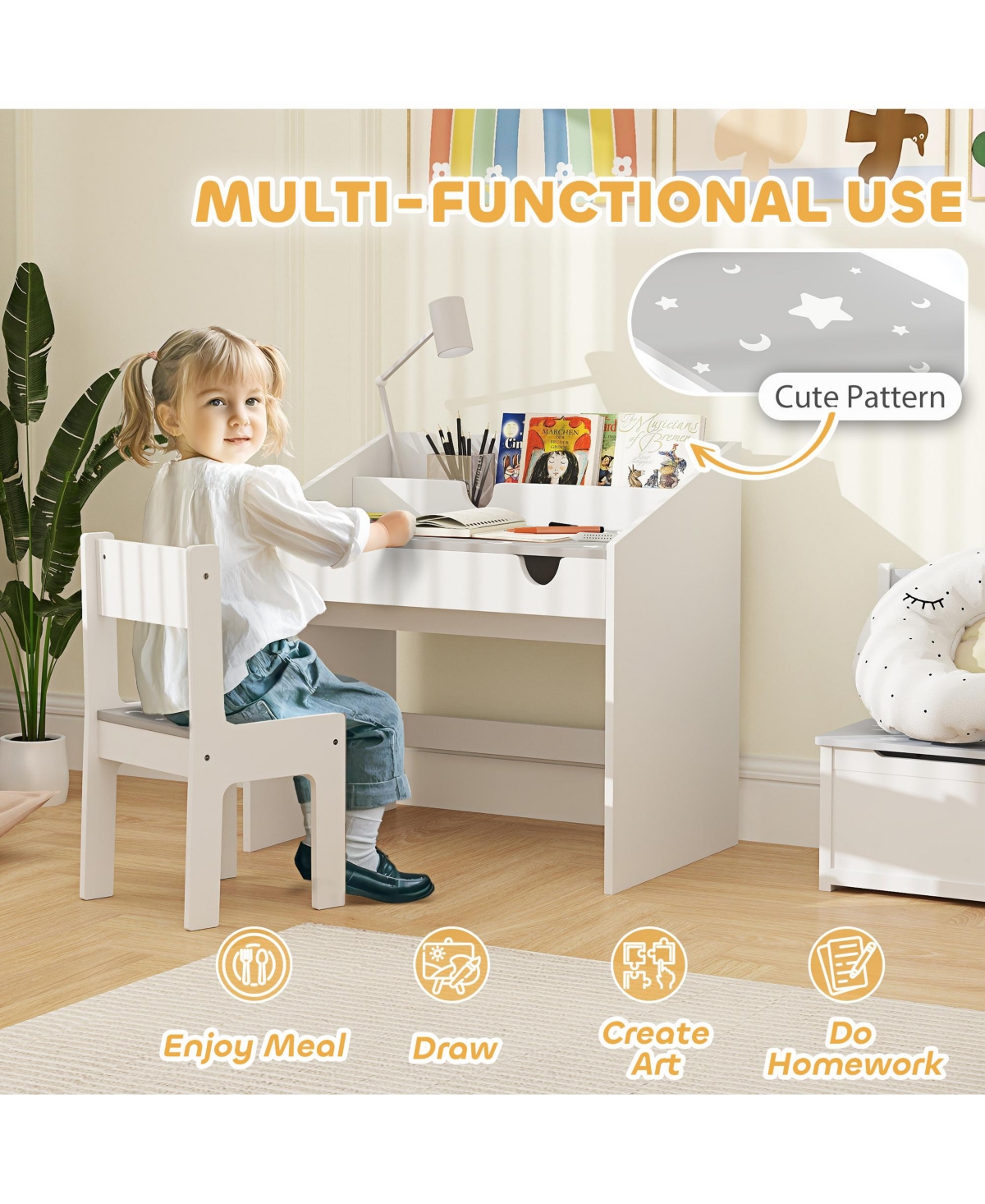 Hongge Kids Desk and Chair Set with Storage Organizer for Ages Three and Up