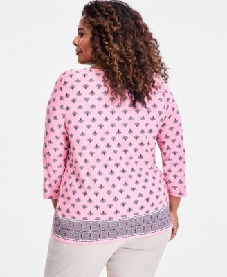 JM Collection Plus Size Printed Jacquard 3/4-Sleeve Top