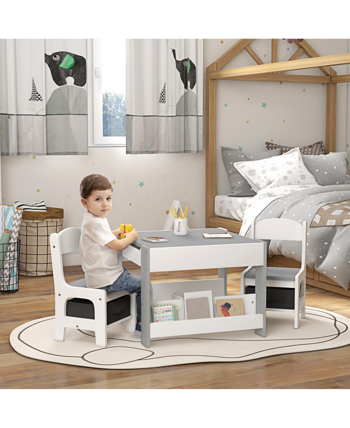 Hongge Kids Table and Chair Set with Reversible Top Storage and Bookshelf for Ages Three to Eight
