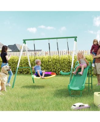 Kids Outdoor Swing Set with Saucer Swing Classic Seat and Five Foot Slide for Backyard Play