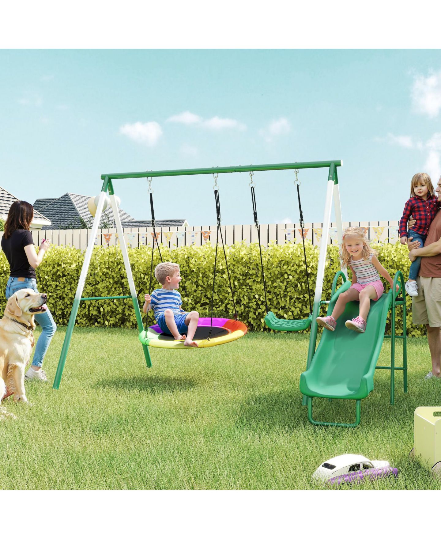 Детские игрушки HONGGE Steel Swing Set with Saucer Swing and 5-Foot Slide, Ages 3-8, цвет: Тёмный зелёный — фото 2