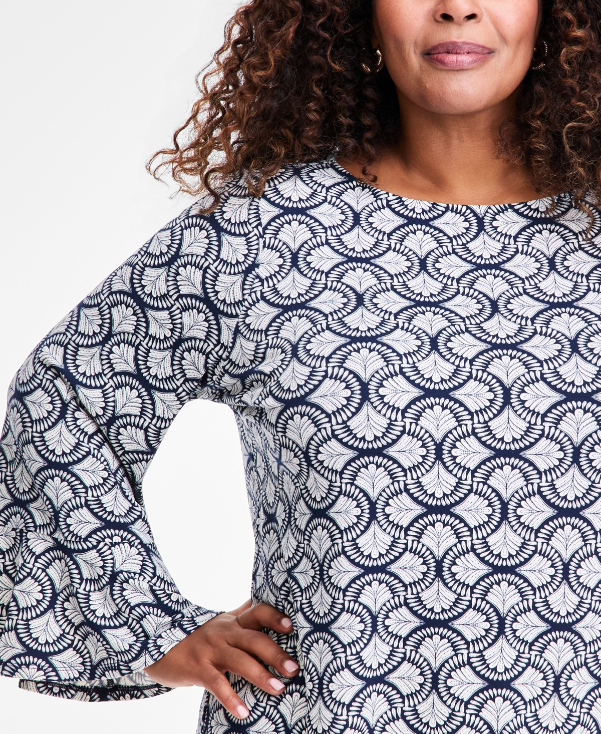 Jm Collection Plus Winding Leaves Flare Sleeve Boat Neck Top