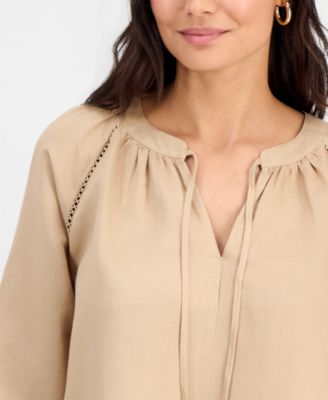 Petite Split-Neck Blouson-Sleeve Blouse