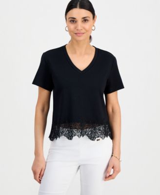 Petite Lace-Hem V-Neck Tee
