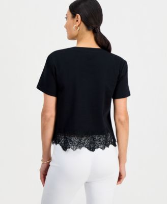 Petite Lace-Hem V-Neck Tee