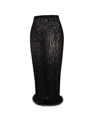 Women's Halia Black Animal Print Burnout Velvet Fur Trim Skirt