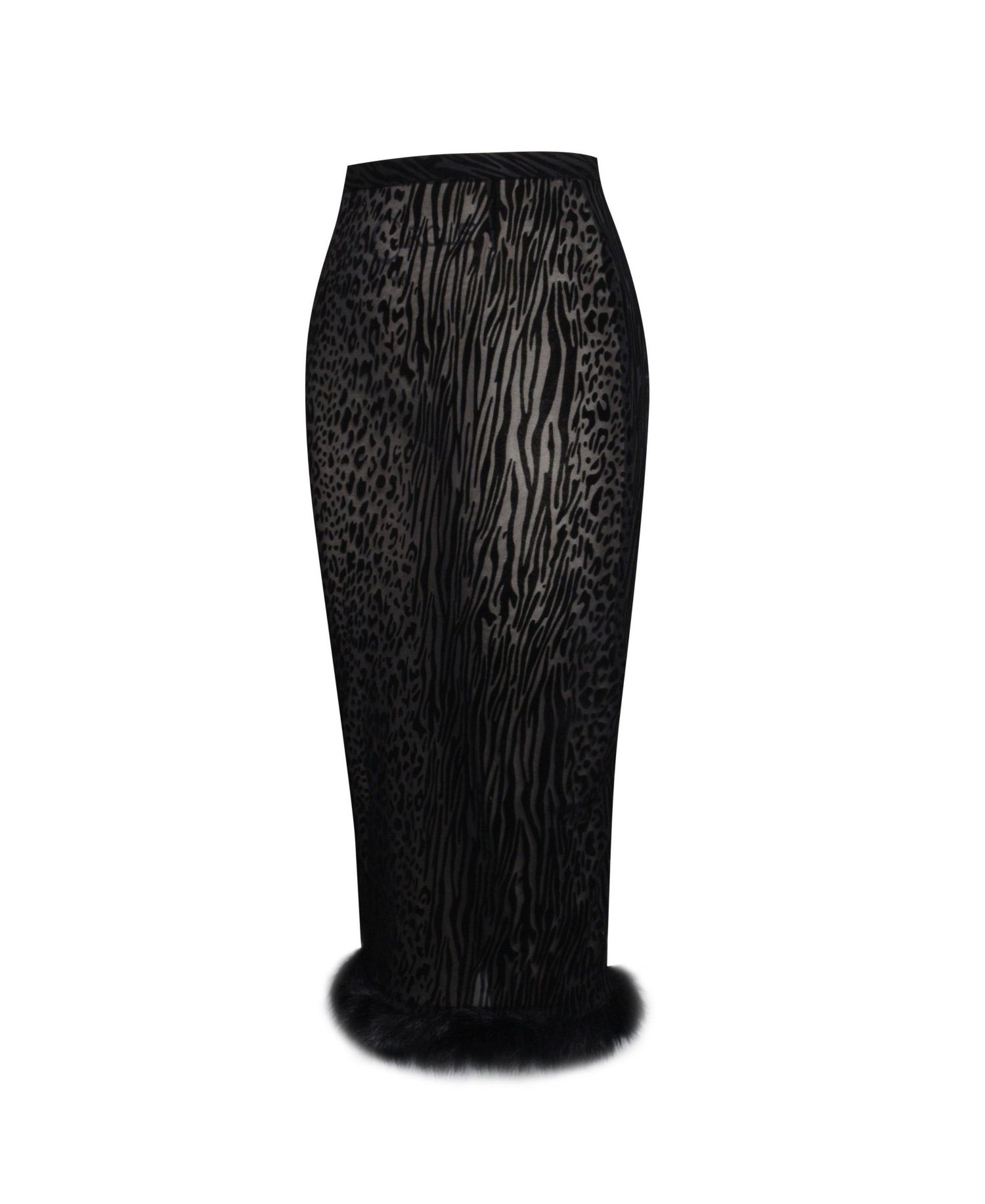 Women's Halia Black Animal Print Burnout Velvet Faux Fur Trim Skirt
