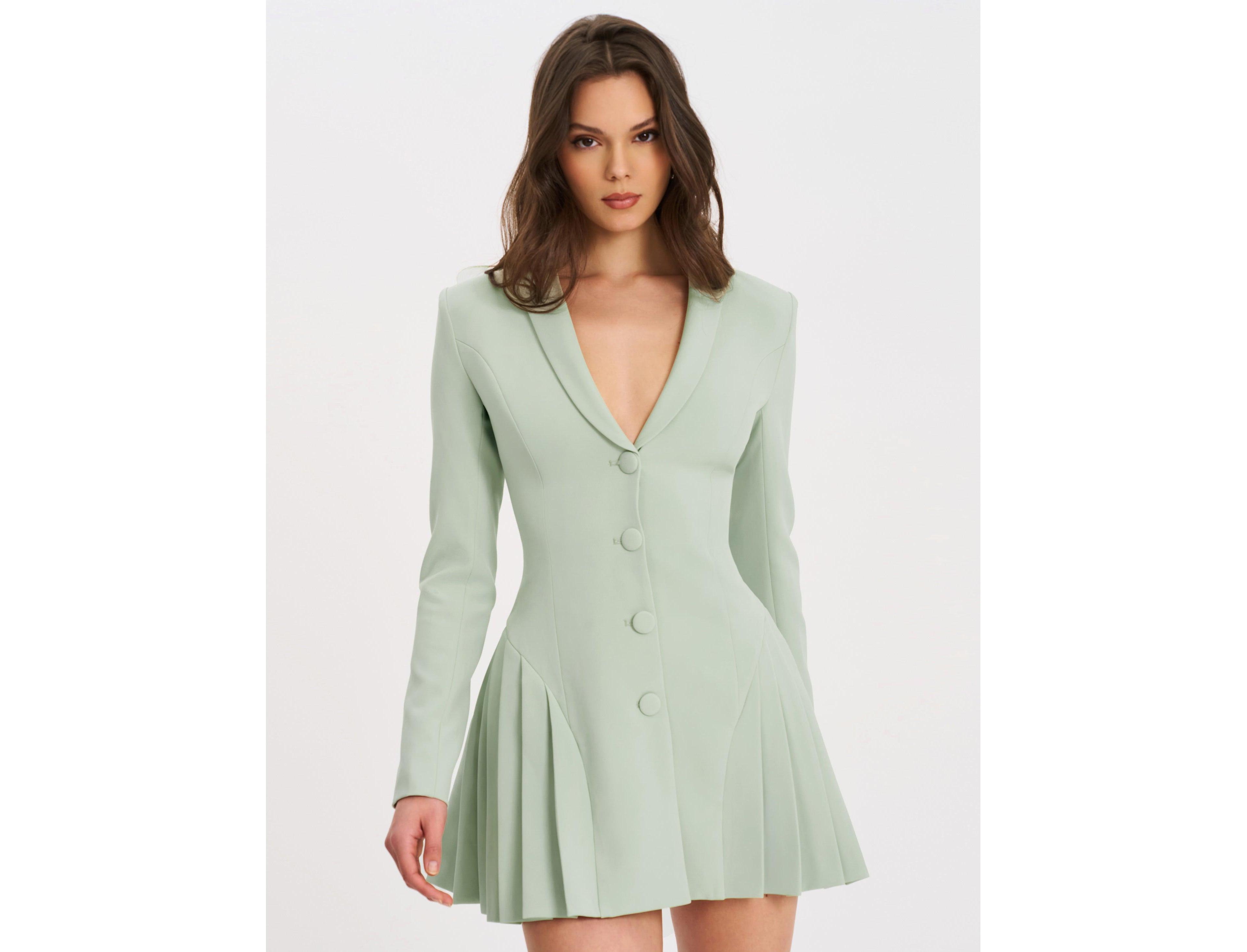 Miss Circle Women's Delia Pistachio Green Blazer Dress with Pleated Detail