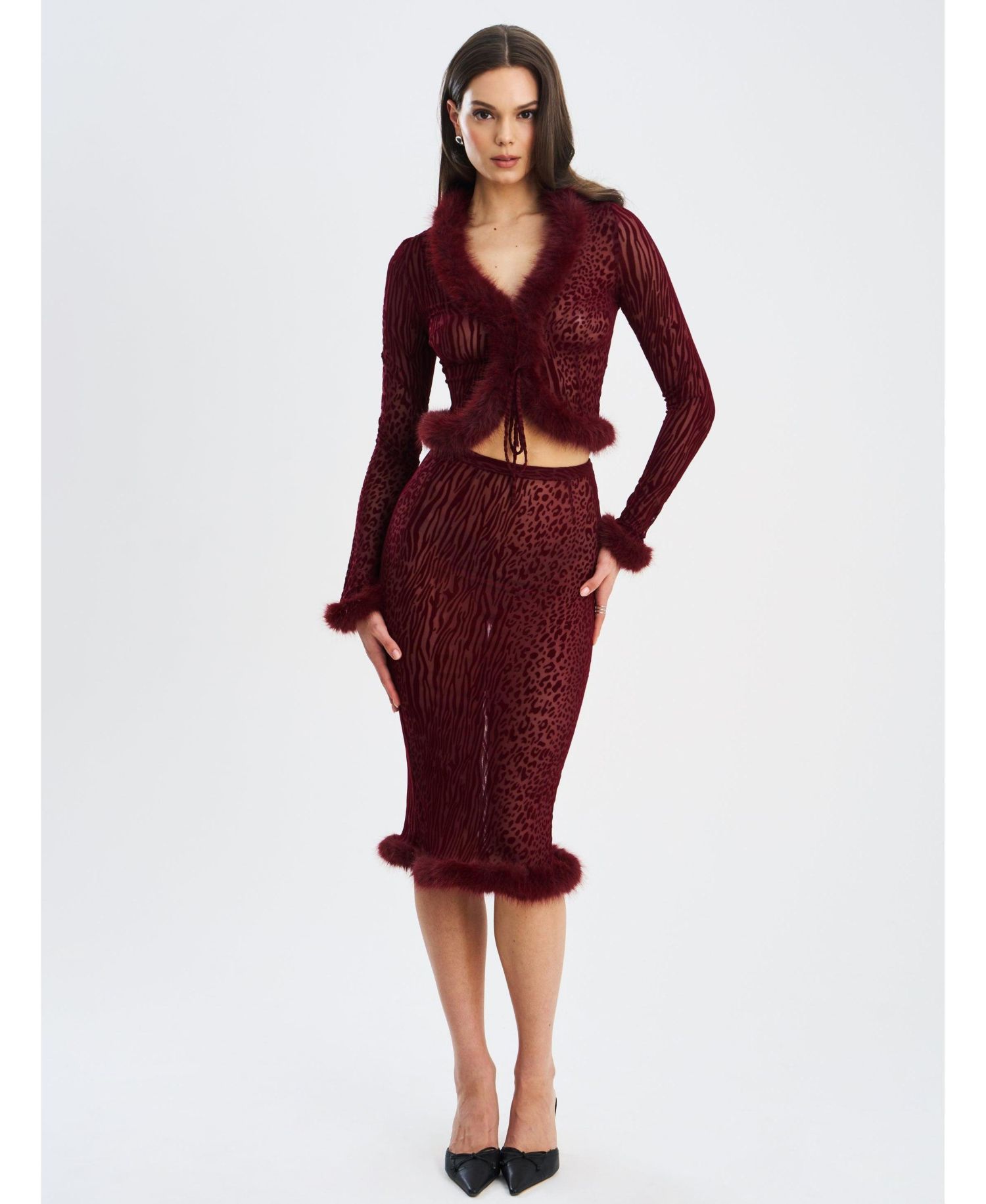 Women's Halia Burgundy Animal Print Burnout Velvet Faux Fur Trim Skirt