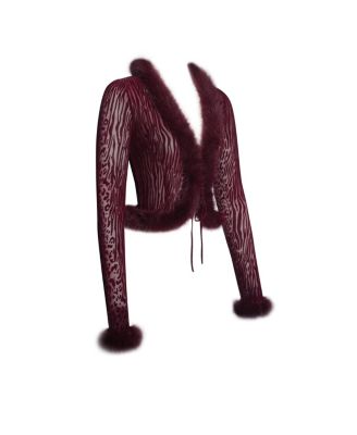 Women's Hali Burgundy Animal Print Burnout Velvet Fur Trim Top