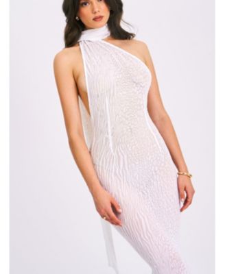 Women's Olena White Burnout Velvet Animal Print Mesh Halter Neck Maxi Dress