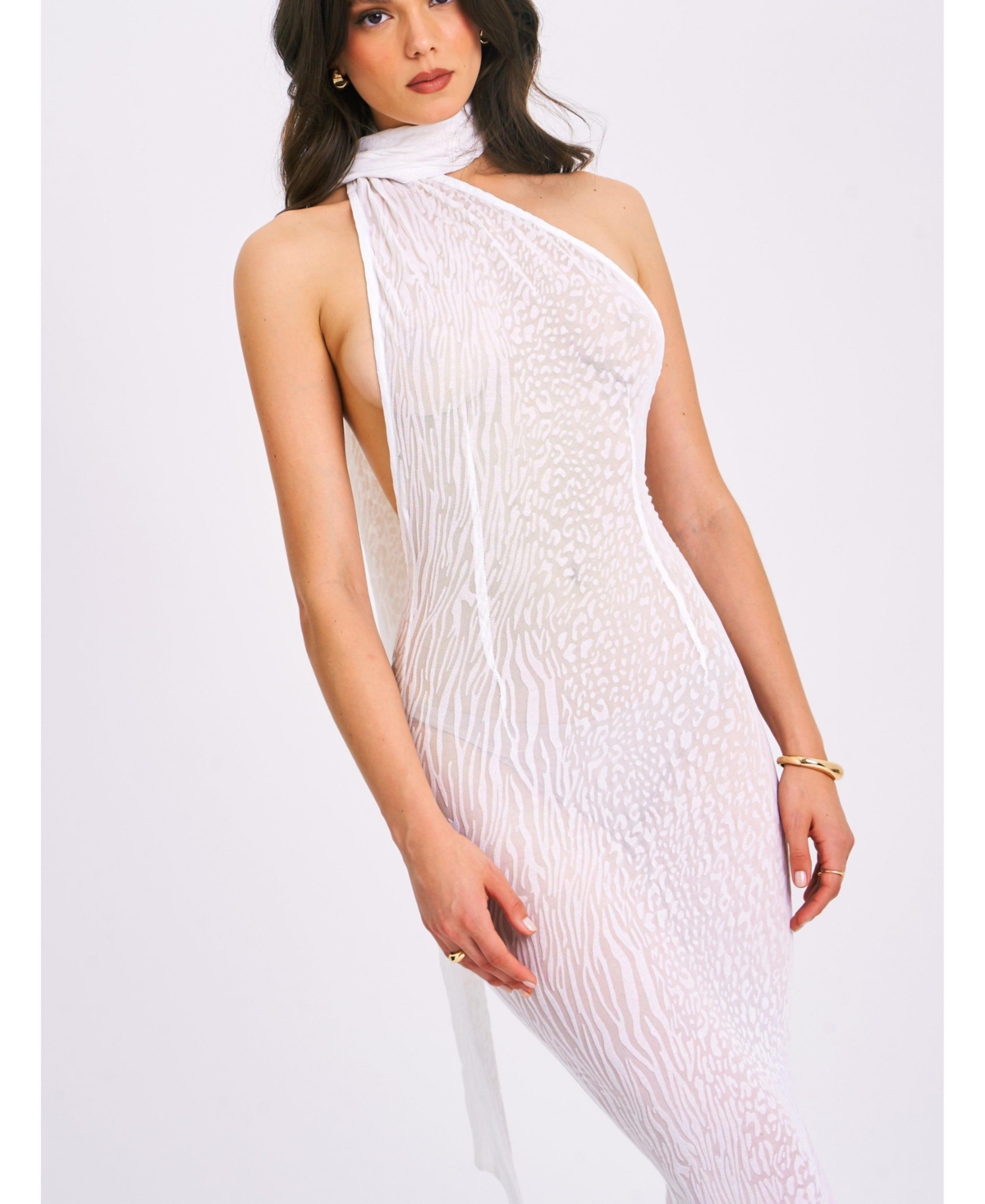 Miss Circle Women's Olena White Burnout Velvet Animal Print Mesh Halter Neck Maxi Dress