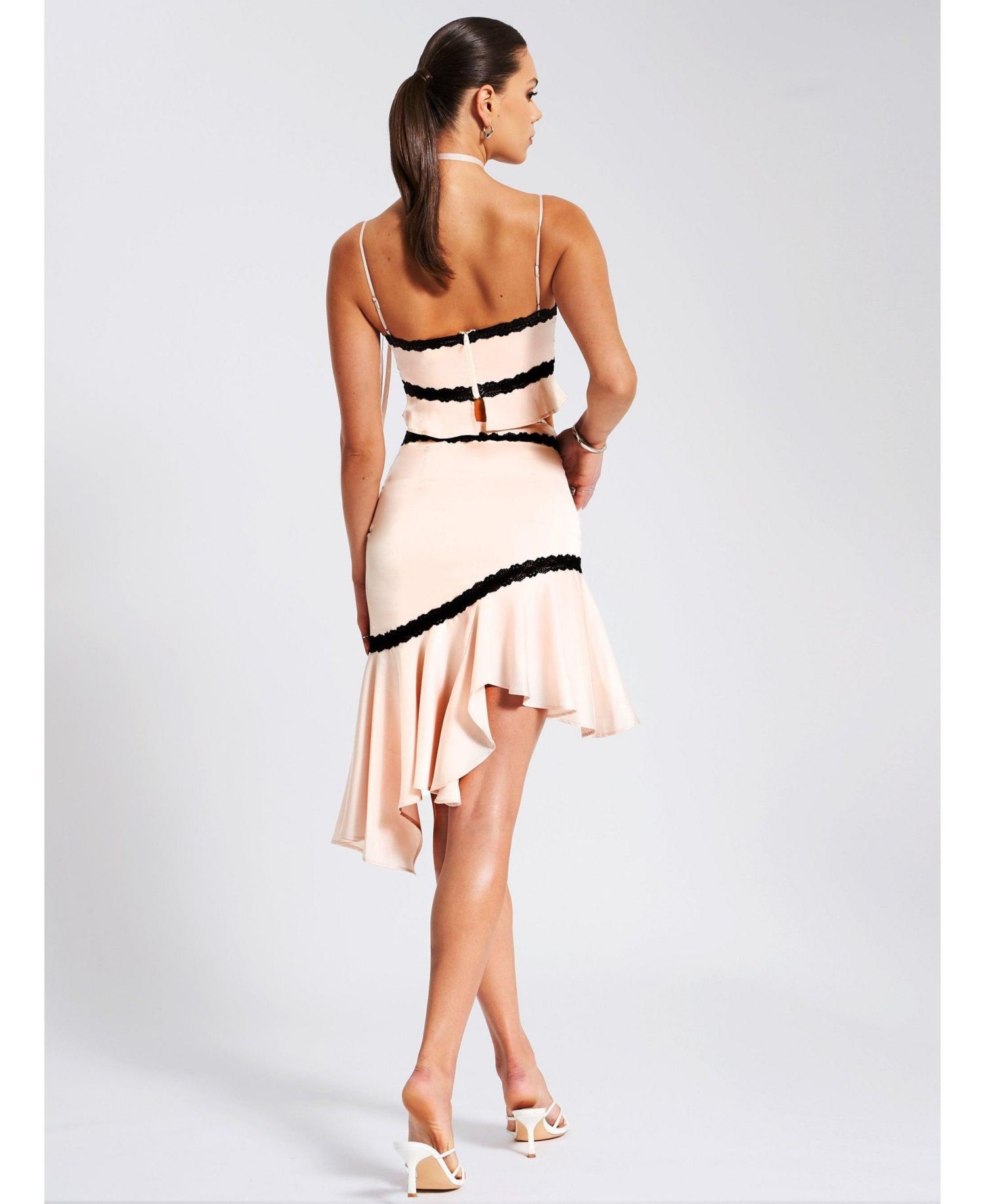 Women's Yahvi Beige Lace Trim Satin Skirt