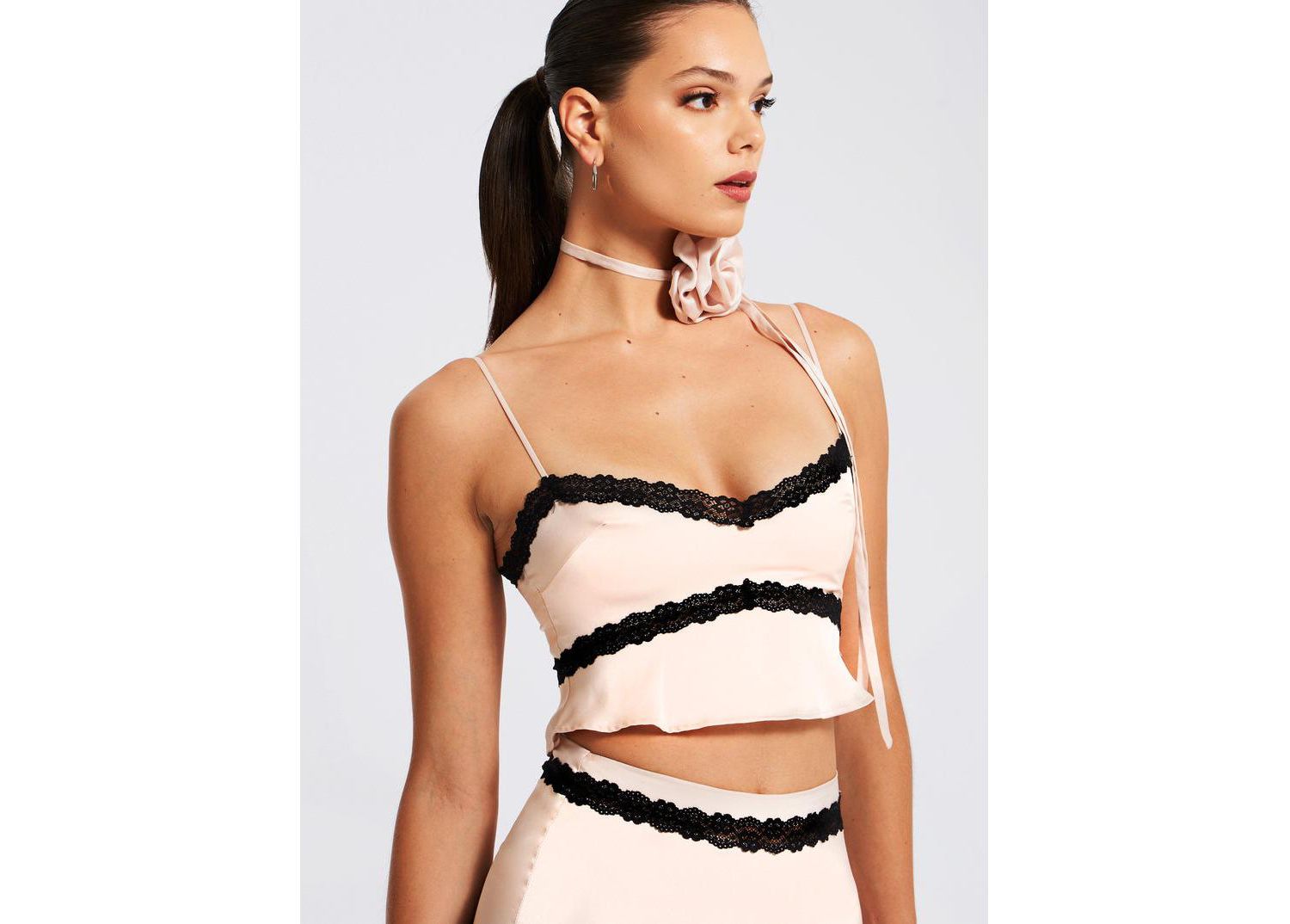 Women's Yareli Beige Lace Trim Satin Strappy Top