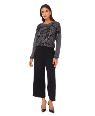 Women's Crewneck Embellished Sequin Floral Long-Sleeve Sweater