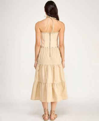 Juniors' Embroidered Lace Up Halter Neck Corset With Nail Heads Skirt