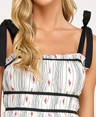 Juniors' Embroidered Floral Stripe With Tie Shoulders Dress