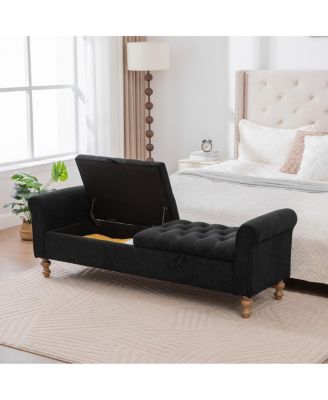 Modern Upholstered Storage Bench with Double Lids & Rolled Armrest - Black