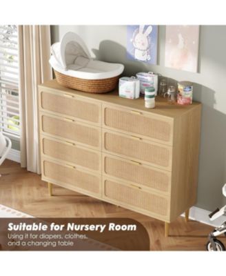 Rattan 8 Drawer Dresser for Bedroom, Tall Chest of Drawers with Deep Storage and Wide Top