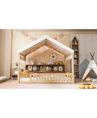 Wooden House Daybed with Fence, Storage, Curtain & LED