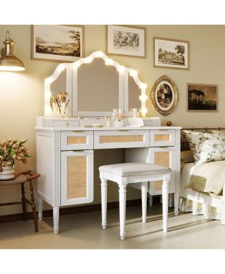 Makeup Vanity Desk with 13 Hollywood Bulbs, 3 Lighting Modes, Tri-Fold Mirror, 5 Drawers