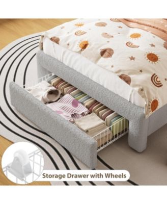 Upholstered Twin Bed Frame with Headboard, 2-Tier Storage, Charging Station & Drawer, Metal Platform, No Box Spring Needed